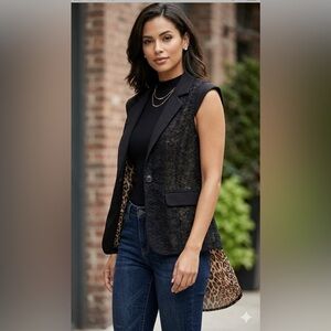 Red Coral Black Lace & Leopard Print Sleeveless Blazer Vest Women’s Size Small